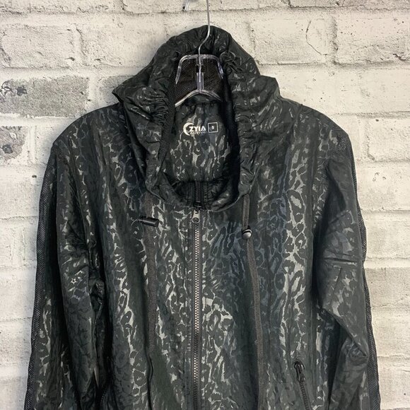 Zyia Active Windbreaker Black Cheetah Print Full Zip Hooded UtilityJacket - Picture 2 of 14